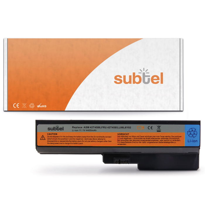 Akku tietokoneeseen Lenovo G550, N500, B550, G550, G555, V450, G530, V460, G450,IdeaPad Z360, Y430, 42T4585, L08S6Y02 - 11.1V 4400mAh tuotemerkiltä subtel