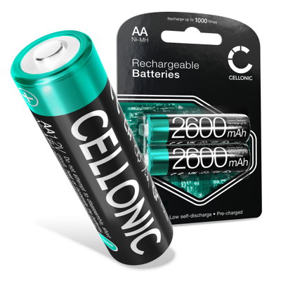 CELLONIC 1.2V ladattavat AA-akut 2600mAh NiMH – Tyyppi AA R6 LR6 Mignon, 2 kpl:n pakkaus kameroihin, pyöränvaloihin, puhelimiin, GPS-laitteisiin ja radioihin