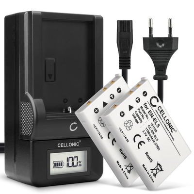 2x Akku + Laturi kameraan Nikon Coolpix P510 P520 P530 P500 P100 P90 P80 P6000 CoolPix 3700 5200 5900 7900 ENEL5 - EN-EL5 (1180mAh, 3.7V) tuotemerkiltä CELLONIC