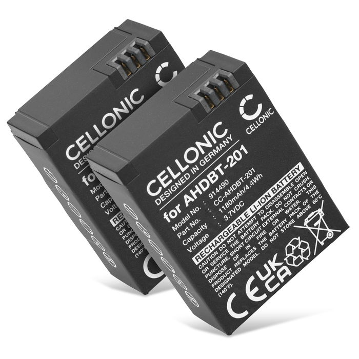 2x Akku kameraan GoPro Hero 3, Hero 3 Plus, Black, Silver, White, AHDBT301, AHDBT201 - AHDBT-201 AHDBT-301 AHDBT-302 (1180mAh, 3.7V) tuotemerkiltä CELLONIC