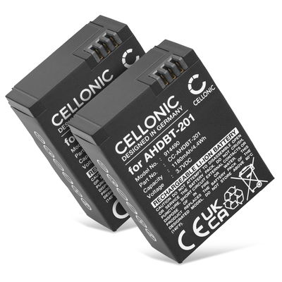 2x Akku kameraan GoPro Hero 3, Hero 3 Plus, Black, Silver, White, AHDBT301, AHDBT201 - AHDBT-201 AHDBT-301 AHDBT-302 (1180mAh, 3.7V) tuotemerkiltä CELLONIC