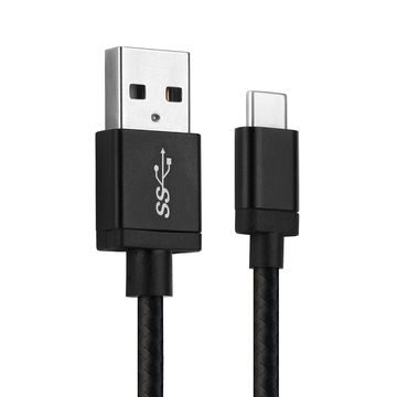USB-johto kännykkään CUBOT X19 / Quest / King Kong 3 / Max 2 / Power / R15 / X30 / J9 / P40 - USB C Type C, 3A, 1m latausjohto. Musta Nylon datakaapeli