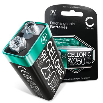 CELLONIC Rechargeable 9V 6F22 Battery NiMH Spare Replacement Square Battery Power Pack 250mAh E Block 6LR61 AM-61 for Smoke Alarm, Wireless Microphones, Toys or Landline Phones - Up to 1000 Charging Cycles