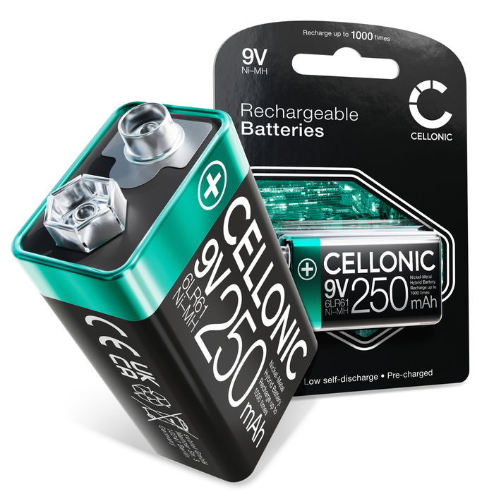 CELLONIC ladattava 9V paristo, NiMH, 1.2V, 250mAh, esiladattu paristo, pitkä käyttöikä, 9V / E Block / 6F22 / 6LR61 / AM-61 patteri - 9V NiMH-akku palovaroittimiin, langattomiin mikrofoneihin, leluihin tai lankapuhelimiin