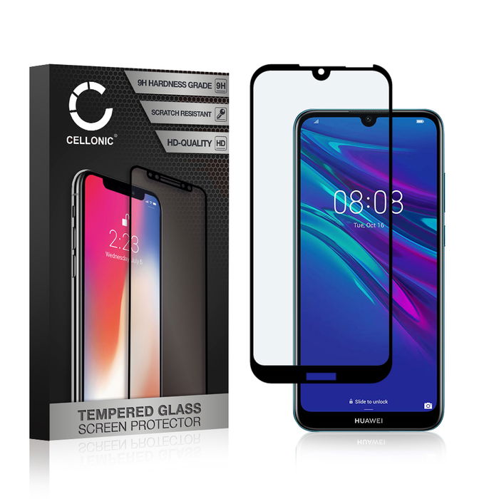 Panssarilasi puhelimeen Huawei Y6 (2019) - 3D Case-friendly, 9H, 0,33mm, Full Glue, Musta, CELLONIC