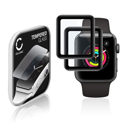 2x Näytönsuojalasi älykelloon Apple Watch 1, Watch 2, Watch 3 - 38mm - 3D Full Cover, 9H, 0,30mm, Full Glue - Musta älykellon suojalasi