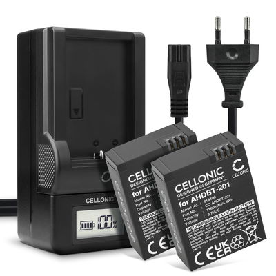 2x Akku + Laturi kameraan GoPro Hero 3, Hero 3plus, Hero 3 Black, Hero 3 Silver, Hero 3 White - AHDBT-201 AHDBT-301 AHDBT-302 (1180mAh, 3.7V) tuotemerkiltä CELLONIC