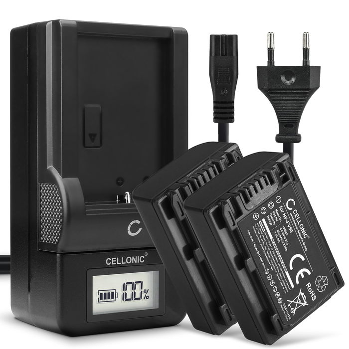2x Akku + Laturi kameraan Sony FDR AX33 AXP33 AX100 HDR CX625 CX250 CX270 CX260 CX410 CX220 NP-FV70 - NP-FV70A NP-FV50A NP-FV30 NP-FV90 NP-FV100A (650mAh, 7.4V) tuotemerkiltä CELLONIC