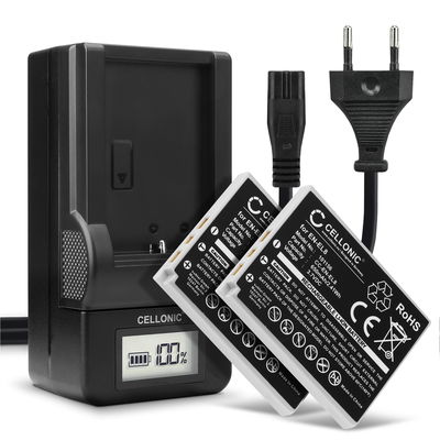 2x Akku + Laturi kameraan Nikon Coolpix P1 P2 Coolpix S1 S2 S3 S5 s50 S50c S51 S51c S52 S52c S6 S7 S7c S8 - EN-EL8 (600mAh, 3.7V) tuotemerkiltä CELLONIC