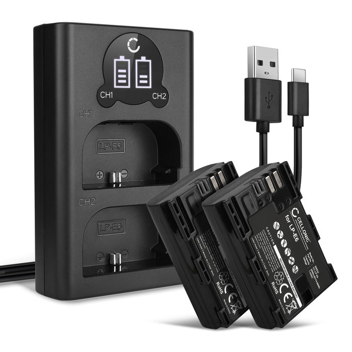 2x Vaihtoakku kameraan Canon LC-E6E, vara-akku 2000mAh + Tupla Laturi