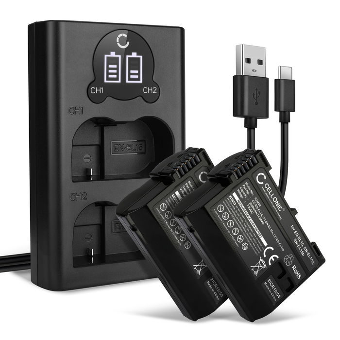 2x Cellonic Akku Nikon EN-EL15c 2000mAh + Tupla Laturi, Vaihtoakku Replacement Battery