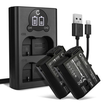 2x Akku + Tupla Laturi kameraan Nikon D850 D750 D7500 D810 D800 D7100 D7000 D610 D600 D800E EN-EL15 MH-25 - EN-EL15C EN-EL15 (2000mAh, 7.0V) tuotemerkiltä CELLONIC