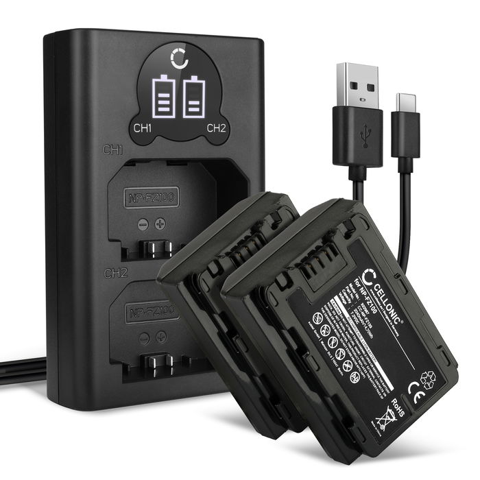 2x Akku + Tupla Laturi kameraan Sony A7 IV, A7C, A6700, A6600, A7S III, Alpha 1, A9, Alpha 7R III, 7R V - NP-FZ100 (2040mAh, 7.4V) tuotemerkiltä CELLONIC