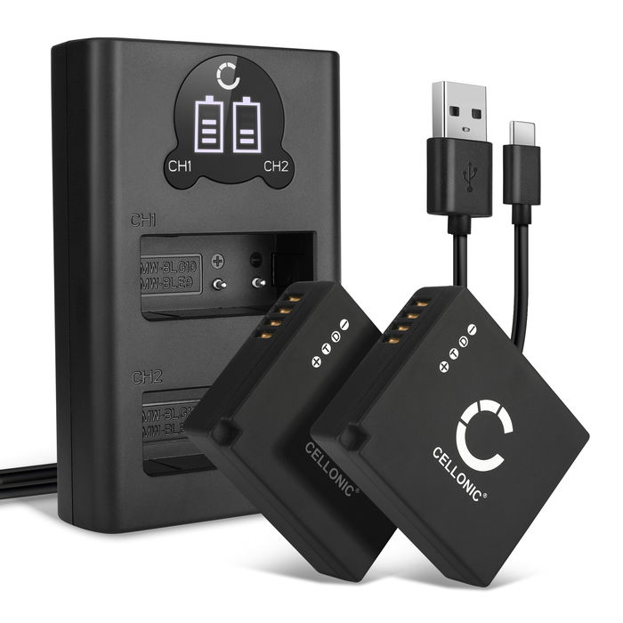 2x Panasonic Lumix DC-GX9 akku + tuplalaturi. 730mAh vaihtoakut tuotemerkiltä CELLONIC