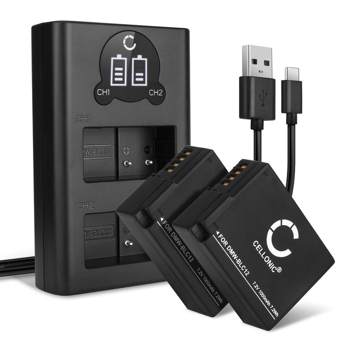 2x Akku + Tupla Laturi kameraan Panasonic Lumix FZ1000, FZ300, FZ200, FZ2000, DMC G7, G70, G6, GX8, G5, DMW-BLC12 - DMW-BLC12 DMW-BLC12E (1000mAh, 7.4V) tuotemerkiltä CELLONIC