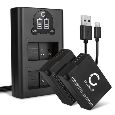 2x Akku + Tupla Laturi kameraan Panasonic Lumix FZ1000, FZ300, FZ200, FZ2000, DMC G7, G70, G6, GX8, G5, DMW-BLC12 - DMW-BLC12 DMW-BLC12E (1000mAh, 7.4V) tuotemerkiltä CELLONIC