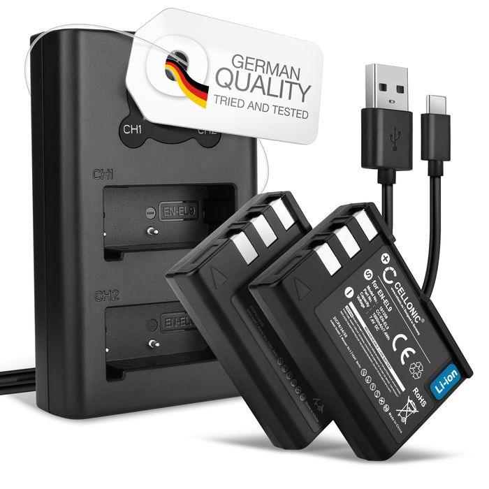 2x Akku + Tupla Laturi kameraan Nikon D3000 D5000 D60 D40 D40x EN-EL9 MH-23 - EN-EL9 (1000mAh, 7.4V) tuotemerkiltä CELLONIC