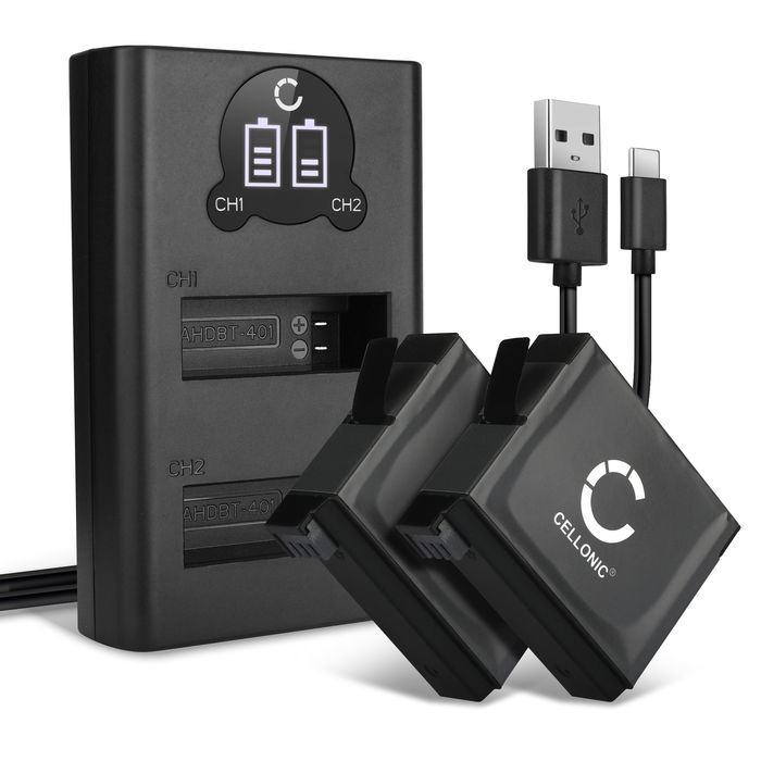 2x Cellonic Akku GoPro Hero 4 1160mAh + Tupla Laturi, Vaihtoakku Replacement Battery