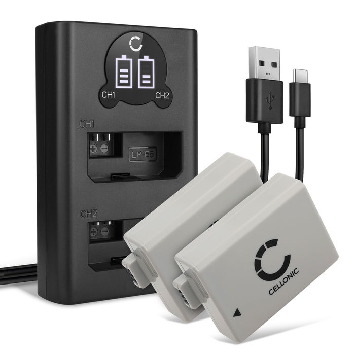 2x Canon EOS 450D akku + tuplalaturi. 1020mAh vaihtoakut ja laturi tuotemerkiltä CELLONIC