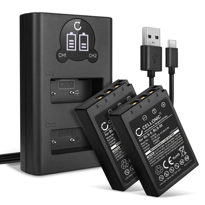 2x Olympus BCS-5 akku + tuplalaturi. 1000mAh vaihtoakut ja laturi tuotemerkiltä CELLONIC