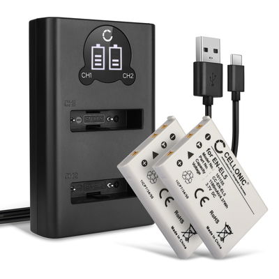 2x Akku + Tupla Laturi kameraan Nikon 5200 P510 P100 P520 P500 P530 P90 P6000 P80 3700 6000 EN-EL5 - EN-EL5 (1180mAh, 3.7V) tuotemerkiltä CELLONIC