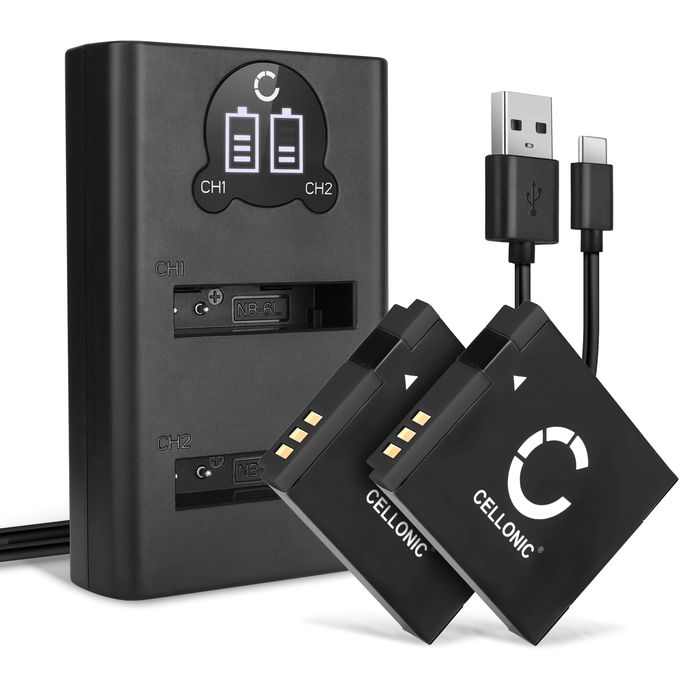 2x Canon PowerShot SX260 HS akku + tuplalaturi. 1000mAh vaihtoakut ja laturi tuotemerkiltä CELLONIC