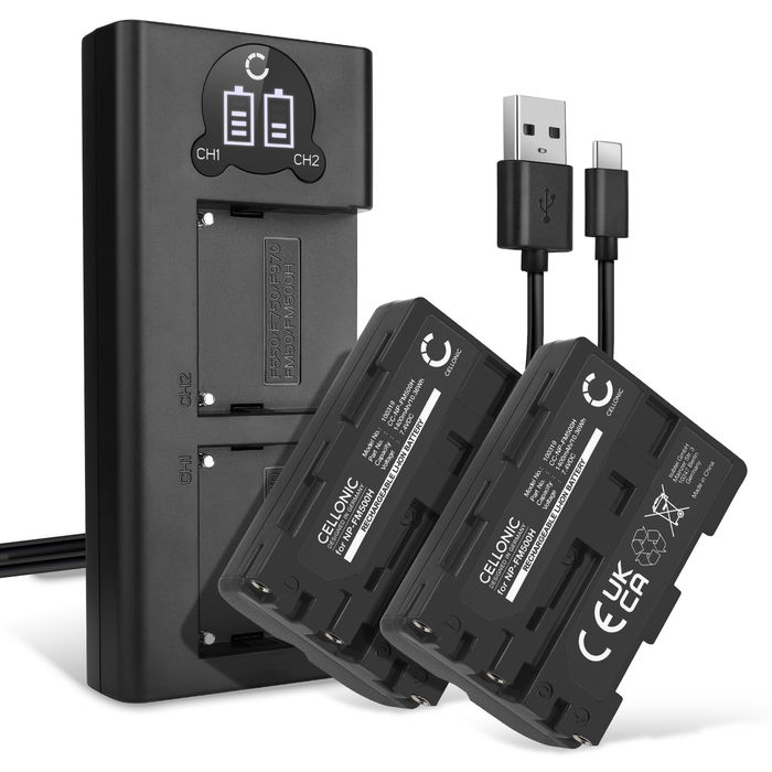 2x Akku + Tupla Laturi kameraan Sony Alpha 77, A77, A58, A77 2, A99, A300, A200, A350, A65, A700, A100, AC-SQ950D - NP-FM500H (1400mAh, 7.2V - 7.4V) tuotemerkiltä CELLONIC