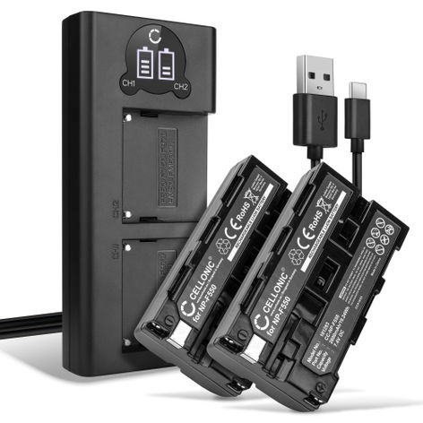 2x Akku + kaksoislaturi kameraan Sony CCD-SC5; CCD-SC55; CCD-SC55E; CCD-SC65 - NP-F550 F330 F750 (2600 mAh, 7,4 V) tuotemerkiltä CELLONIC