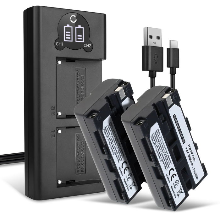 2x Sony NP-F530 akku + tuplalaturi, 2600mAh vaihtoakut tuotemerkiltä CELLONIC