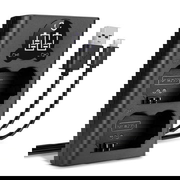 USB-kaksoislaturi (NP-W235) FujiFilm X-T4 / GFX 50S II / GFX100S / X-H2S-laitteille + 1m + USB Kaapeli valmistajalta CELLONIC