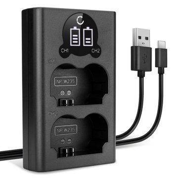 USB-kaksoislaturi (NP-W235) FujiFilm X-T4 / GFX 50S II / GFX100S / X-H2S-laitteille + 1m + USB Kaapeli valmistajalta CELLONIC