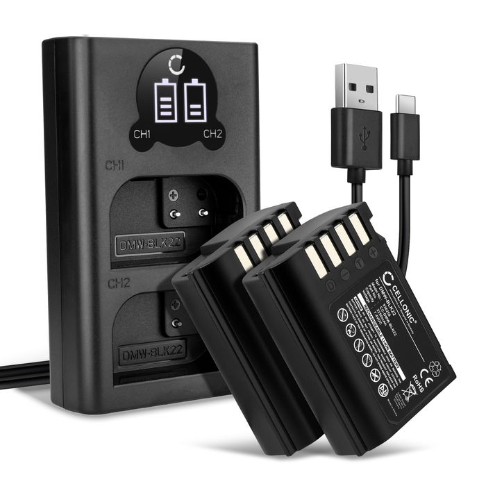 2x akku kameraan Panasonic Lumix G9, GH5S, DC-S5, DC-S5K, DC-GH5 II, DMW-BLK22, DMW-BTC15 - DMW-BLK22 vaihtoakku, 2250mAh + Tupla Laturi DMW-BTC15