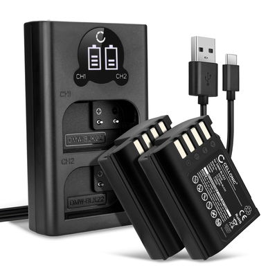 2x akku kameraan Panasonic Lumix G9, GH5S, DC-S5, DC-S5K, DC-GH5 II, DMW-BLK22, DMW-BTC15 - DMW-BLK22 vaihtoakku, 2250mAh + Tupla Laturi DMW-BTC15