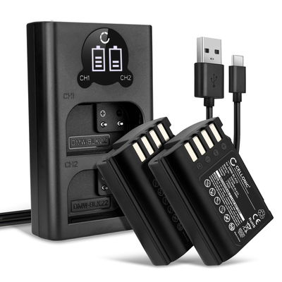 2x Akku + Tupla Laturi kameraan Panasonic Lumix G9 DC-GH5 II DC-GH6 DC-S5 GH5 GH5S DC-G9 II - DMW-BLK22 (1600mAh, 7.4V) tuotemerkiltä CELLONIC