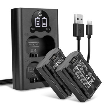 2x Akku + Tupla Laturi kameraan FujiFilm X-T4, GFX 50S II, GFX100S, Fuji X-T4, FujiFilm X-H2S, X-H2, GFX100 II - NP W235 (2000mAh, 7.4V) tuotemerkiltä CELLONIC