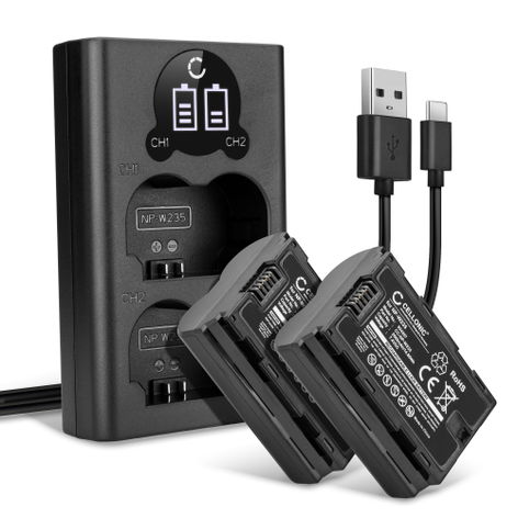 2x Akku + kaksoislaturi kameraan FujiFilm GFX100 II; GFX 50S II; GFX100S; X-H2 - NP W235 (2000 mAh, 7,4 V) tuotemerkiltä CELLONIC