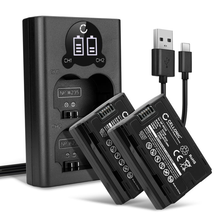 2x CELLONIC® Camera Battery for FujiFilm GFX100S, GFX 50S II, XT4, NPW235 Replacement NP W235 Battery 2250mAh Backup + Dual Charger NP W235