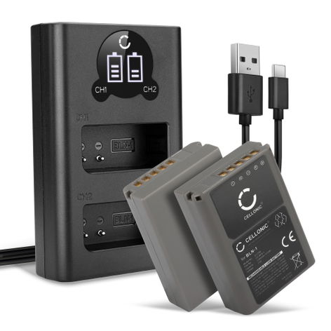2x Battery for Olympus OM-D E-M1, E-M5, E-M5 Mark II; PEN‑F (1140mAh, 7.4V) + Dual Charger BCN-1 from CELLONIC