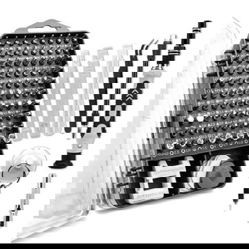 Ruuvimeisselisarja 122 osaa, ruuvimeisseli, irtokärjet ja avaustyökalut - phillips, ura, torx, imukuppi, pinsetit ynm. Tarkkuustyökalut säilytyslaatikossa