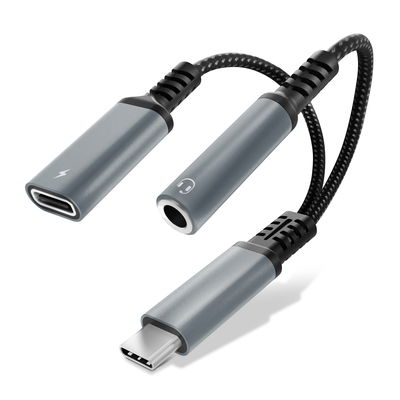 USB-C aux 3.5mm adapteri ja latausportti 60W. Musta nopea latausadapteri puhelimille, tableteille ja kuulokkeille - hopea