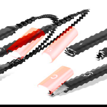 USB-C aux 3.5mm adapteri ja latausportti 60W. Musta nopea latausadapteri puhelimille, tableteille ja kuulokkeille - Punainen