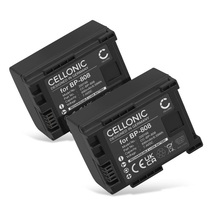 2x Akku kameraan Canon Legria FS22 FS19 HFG25 FS200 FS100 FS306 XA10 HF200 BP-808 - BP-808 BP-807 BP-809 BP-819 BP-827 (890mAh, 7.2V - 7.4V) tuotemerkiltä CELLONIC