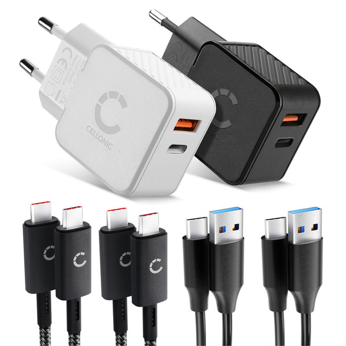 CELLONIC Matkapaketti – 2x Kaksoislaturi USB-C & USB + 4x Latauskaapelia Älypuhelimille, Kannettaville, GPS-laitteille, Tableteille, Kaiuttimille, Älykelloille ym. – 2x 20W PD USB-pikalaturia Mustana ja Valkoisena