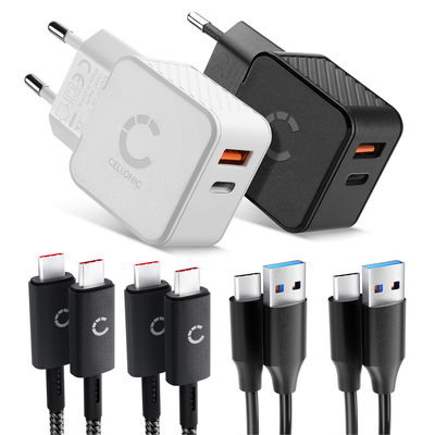 CELLONIC Matkapaketti &ndash; 2x Kaksoislaturi USB-C & USB + 4x Latauskaapelia &Auml;lypuhelimille, Kannettaville, GPS-laitteille, Tableteille, Kaiuttimille, &Auml;lykelloille ym. &ndash; 2x 20W PD USB-pikalaturia Mustana ja Valkoisena