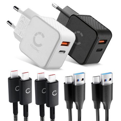 2x Verkkolaturi Apple iPhone 17, 16, 17 Pro, 17 Pro Max, 16 Pro – USB-C (Tyyppi-C) 5 V / 9 V / 12 V PD: 5V/3A, 9V/2.22A, 12V/1.67A; QC3.0: 5V/3A, 9V/2A, 12V/1.5A, 1,0 m johdolla + 2x USB-kaapeli tuotemerkiltä CELLONIC