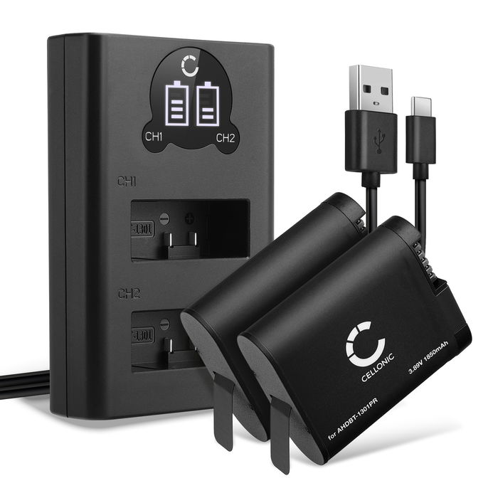 2x Akku + Tupla Laturi kameraan GoPro Hero 13, AHDBT-1301 - AHDBT-1301PR (1900mAh, 3.89V) tuotemerkiltä CELLONIC