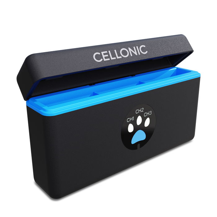 3-aukkoinen akun latauskotelo GoPro Hero 12, 10, 11, 9 akuille + 60cm + USB Kaapeli tuotemerkiltä CELLONIC